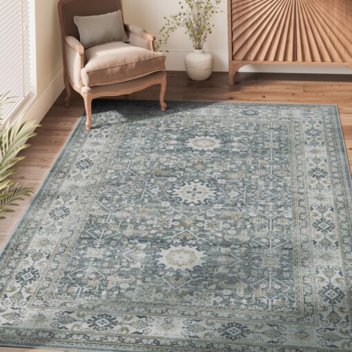 jinchan Area Rug 8x10 Washable Living Room Rug Vintage Distressed Gray Multi Floral Floor Cover Indoor Mat Retro Carpet Bedroom Kitchen Office Farmhouse Grey