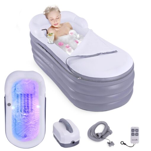 SereneLife Jacuzzi Spa Bathtub with Bubble Massage Mat - Inflatable Bath w/Built-In Heater, Includes Inflatable Pillow, Cup Holder, Remote Control for LED Lighting, Backrest & Armrests