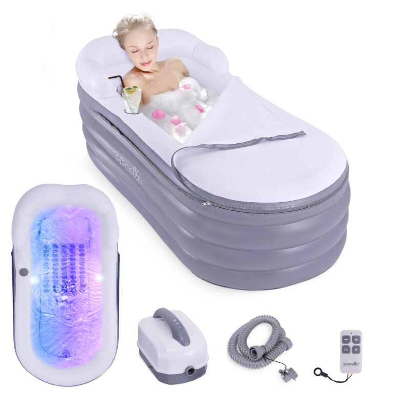 SereneLife Jacuzzi Spa Bathtub with Bubble Massage Mat - Inflatable Bath w/Built-In Heater, Includes Inflatable Pillow, Cup Holder, Remote Control for LED Lighting, Backrest & Armrests