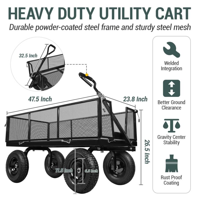 Taifa Heavy Duty 1100 Lbs Capacity Steel Garden Cart with 11.5 inch Tire, Removable Side Panels Turn Into Flatbed, Utility Cart for Yard Lawn and Farm, Metal Wagon with 180° Rotating Handle, Black - Image 7