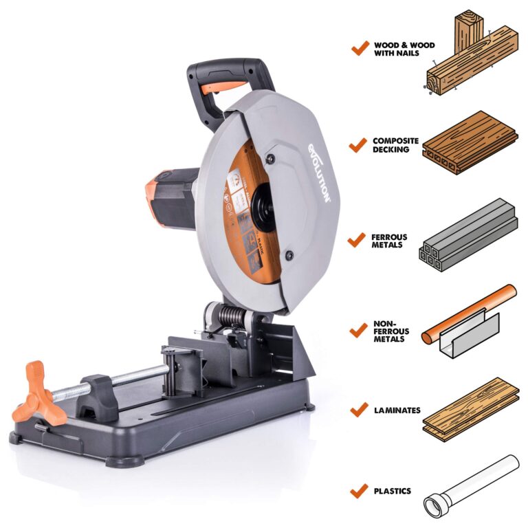 Evolution Power Tools R355CPS 14-Inch Chop Saw Multi Purpose, Multi-Material Cutting Cuts Metal, Plastic, Wood & More Miter Cut up to 45˚ Degrees TCT Blade Included - Image 9