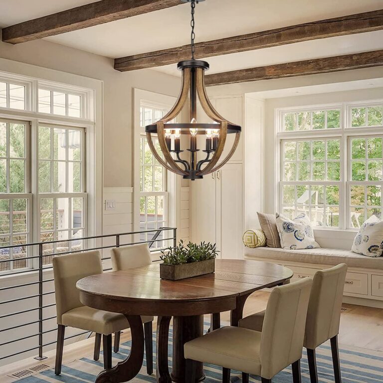 17.7" Modern Farmhouse Geometric Chandelier Light Fixture, 5-Light Adjustable Height Rustic Hanging Pendant Lighting for Dining Room Foyer Kitchen Island, ‎Retro Wood Texture and Black Finish - Image 8