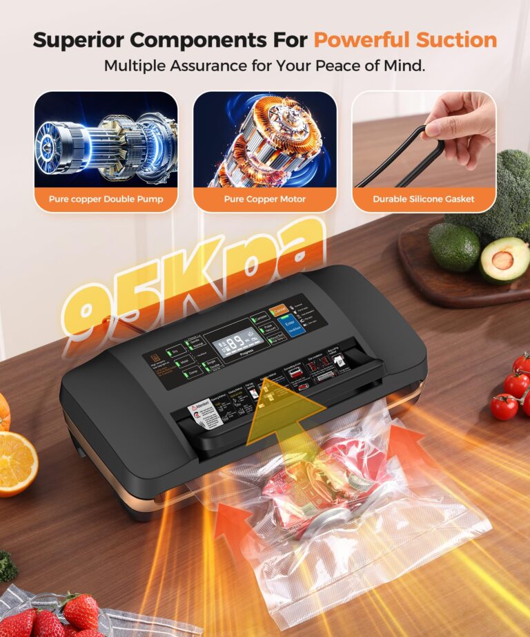 95kpa Vacuum Sealer Machine,Commercial Full Automatic Food Sealer,Powerful Sealing System with Double Heat Seal,Bags Storage, Easy-Lock Handle,Build-in Cutter,1 Bag Rolls and 10 pcs Pre-cut Bags - Image 7