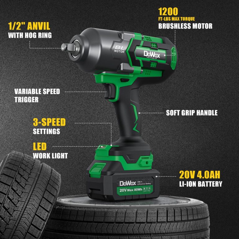 DOWOX Cordless Impact Wrench 1/2 Inch, High Torque 1200 Ft-lbs Brushless Impact Gun, 20V Power 4.0 Ah Battery, Fast Charger, 5 Pcs Sockets and Tool Box Kit - Image 2