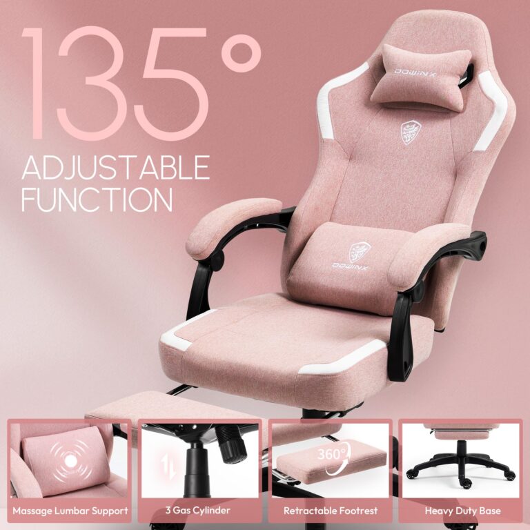 Dowinx Fabric Gaming Chair with Pocket Spring Cushion,Breathable Computer Chair with Massage Lumbar Support and Footrest,High Back Game Office Chair for Adult,Pink - Image 5
