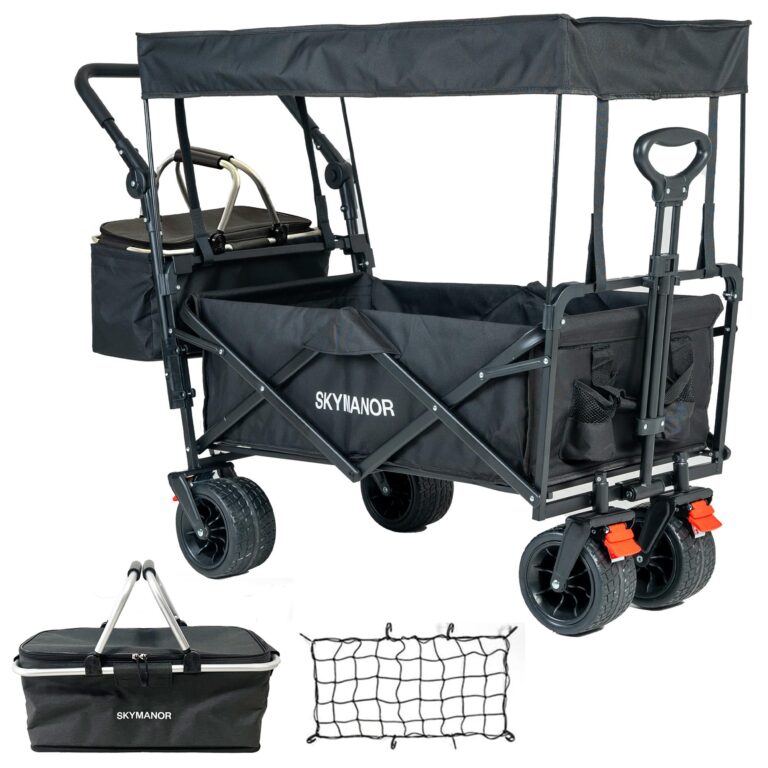 SKYMANOR Collapsible Wagon Folding Garden Cart with Removable Canopy Utility Wagon Cart with All-Terrain Wheels Brake Beach Cart for Sand Heavy Duty Beach Wagon for Camping Shopping (Black)