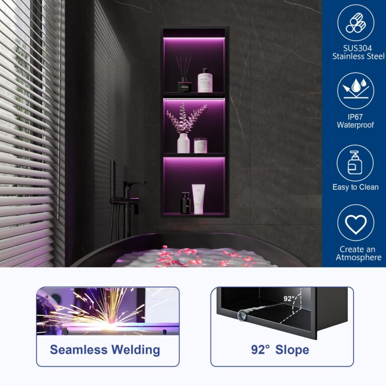 Neohomee 3-Tiers 12x36Inch Wall Niche with RGB LED Light Strips, Matte Black Shower Niche Cabinet, Stainless Steel Bathroom Shelf, NO Tile Needed Recessed Niche Storage Organizer, 80846301 - Image 3