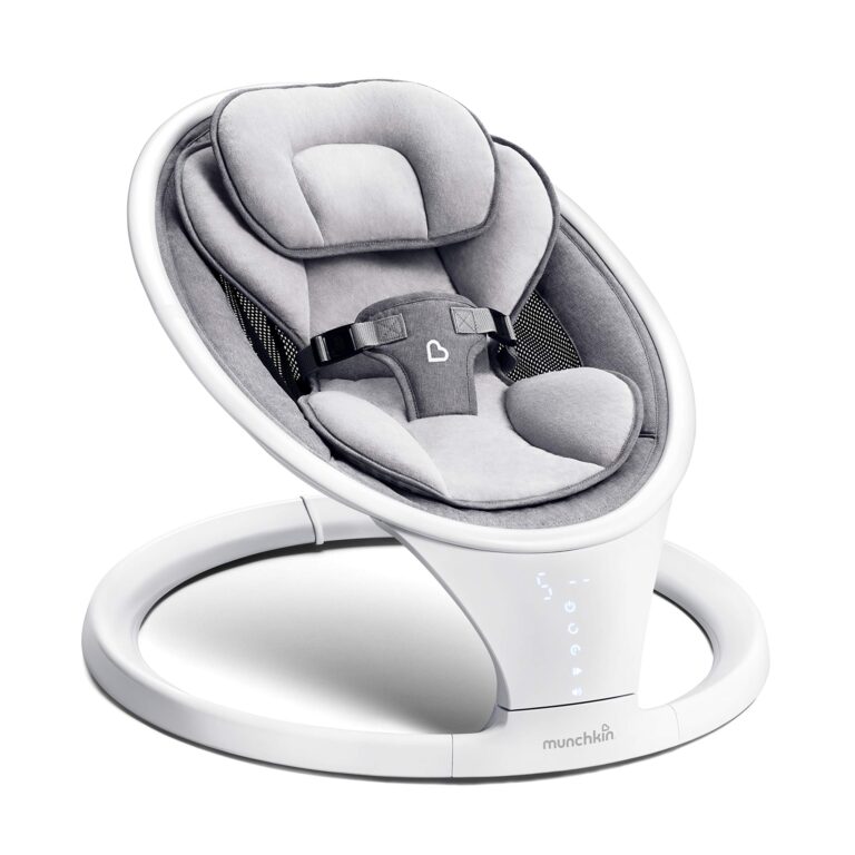 Munchkin Baby Swing, Portable and Lightweight, Bluetooth Enabled Electric Infant Rocker with Natural Sway in 5 Ranges of Motion, Newborn Nursery Essentials, White/Grey