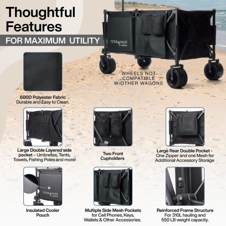 310L Extra/Large Foldable Wagon Cart, 47” 550LB Inlfatable Beach & All-Terrain Wheels, Utility Cart for Garden, Fishing, Groceries, Sports – Built-in Cooler Pouch, Storage Pockets & Cupholders - Image 3