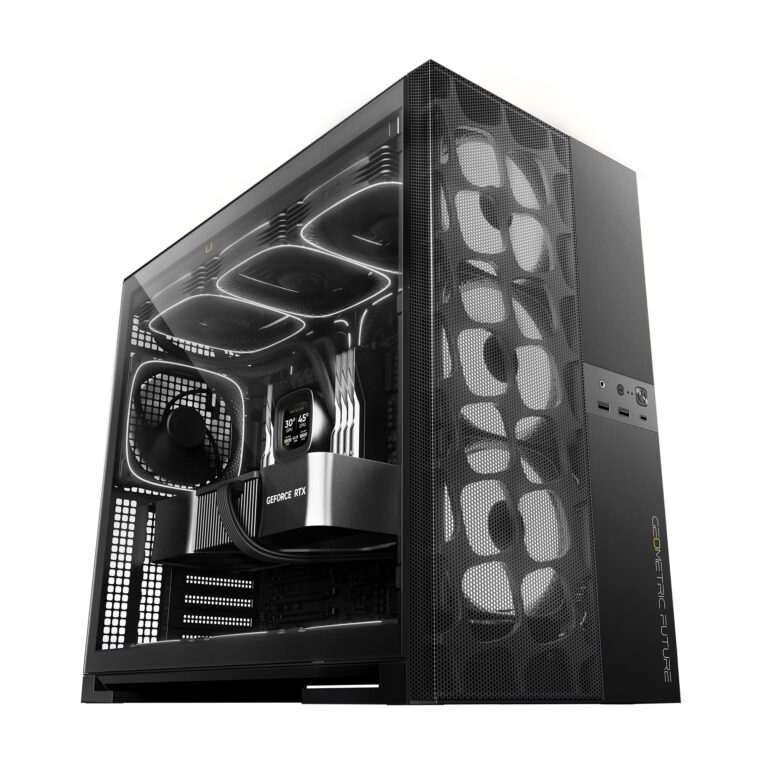 Geometric Future M5 Vent Mesh Panel Tempered Glass Mid Tower, E-ATX/ATX Gaming Case, High Airflow, 1.2mm Steel, Type C, Support 420/360 Radiator, ARGB PWM 140m fan x 5 Pre-Installed, Black, GEO-M5VF-B