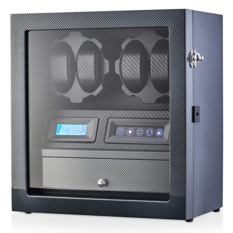 4 Watch Winder with 5 Watch Storage Space, LCD Display, Touch Control and Interior Light (Carbon + Black)