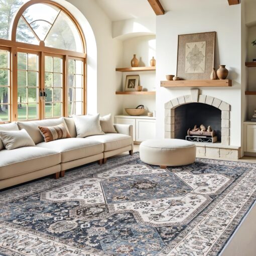 Living Room 9x12 Area Rugs - Large Boho Rugs for Living Room Stain Resistant Carpet Vintage Tribal Rugs for Bedroom Kitchen Bathroom with Non Slip Backing Home Decor Floor Decor Mat 9x12 Navy/Blue