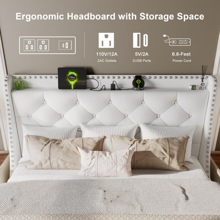 Feonase Full Size Bed Frame with Velvet Luxury Wingback Upholstered Button Tufted Storage Headboard, Full Platform Bed with Charging Station, Sturdy Wooden Slats Support, Easy Assembly, White - Image 6