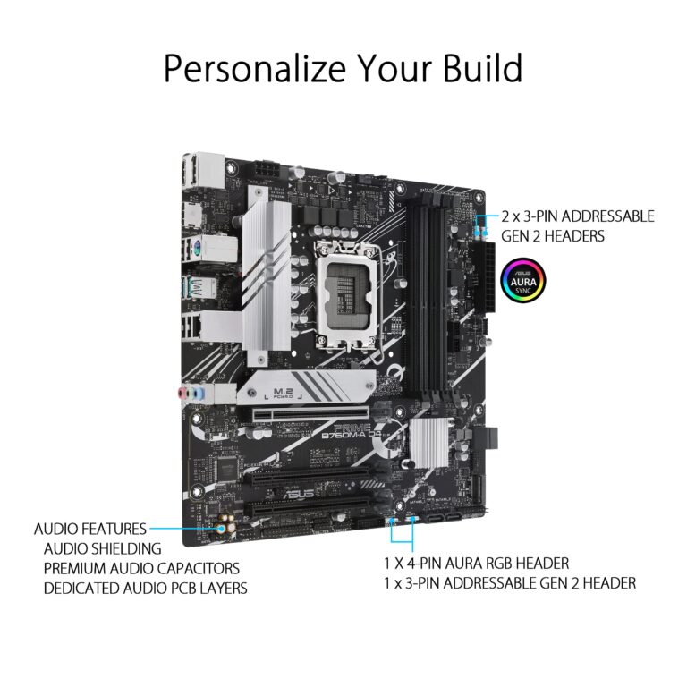 ASUS Prime B760M-A D4 Intel® B760 (LGA 1700)(13th and 12th Gen) mATX Motherboard, PCIe 4.0, 2xM.2 Slots,2.5Gb LAN, DisplayPort,Dual HDMI,Rear USB 3.2 Gen 2, Front 1 Type-C®, Aura Sync - Image 4