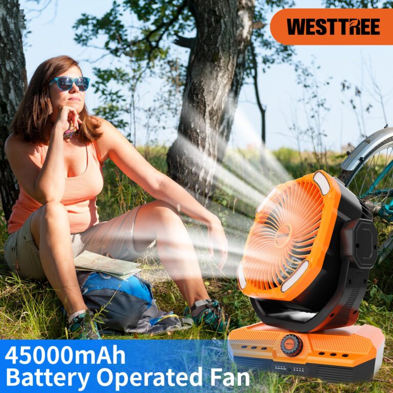 WESTTREE Battery Operated Large Airflow Fan,45000mAh Rechargeable Camping Cordless Fan with 360°Auto Oscillation & Timer, Queit Battery Powered Tent Fans Portable with RGBW Lights for Home X66 Orange - Image 7
