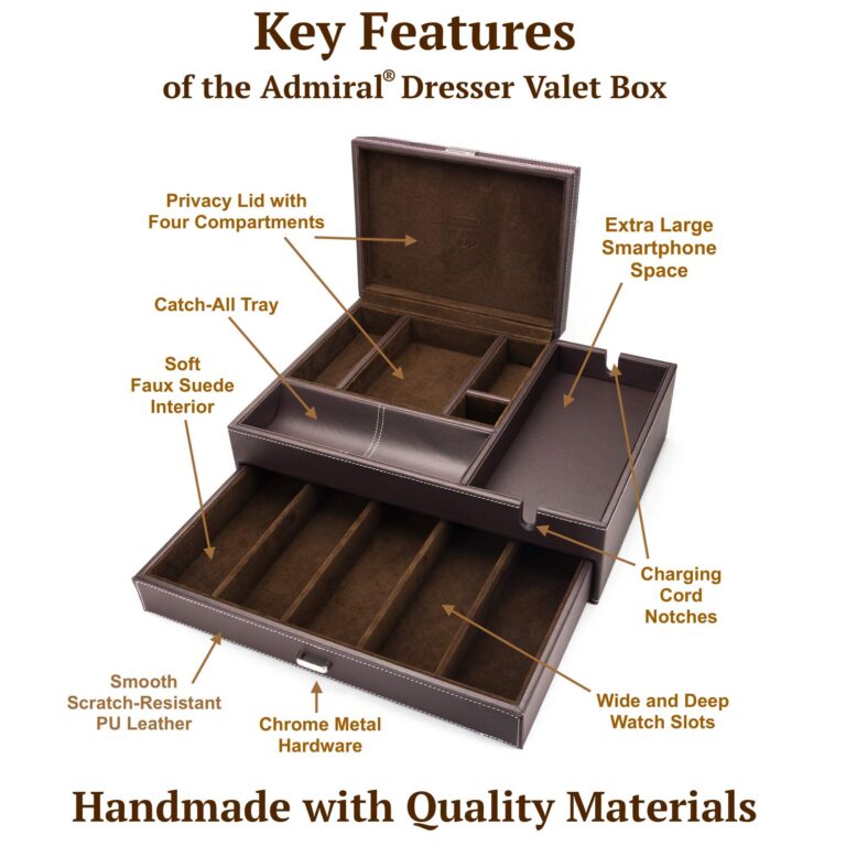 Mens Watch Box Leather Valet Tray - Bedside Table Organizer, Men's Jewelry Box, Watch Case for Men with Large Smartphone Charging Station - Jewelry Box for Men with Valet Box and Nightstand Organizer - Image 6