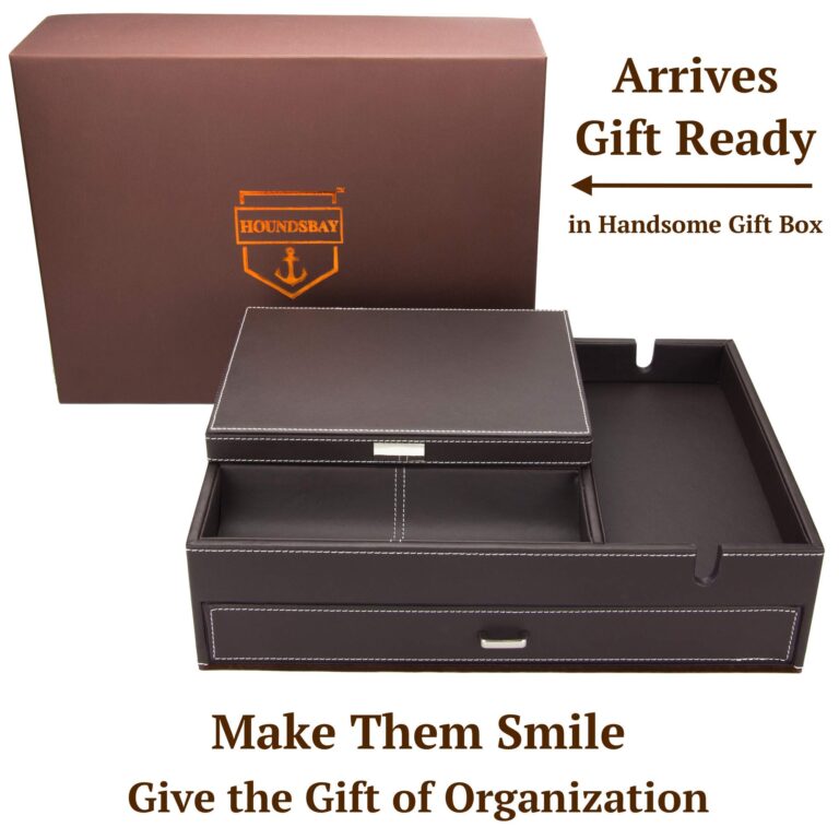Mens Watch Box Leather Valet Tray - Bedside Table Organizer, Men's Jewelry Box, Watch Case for Men with Large Smartphone Charging Station - Jewelry Box for Men with Valet Box and Nightstand Organizer - Image 7