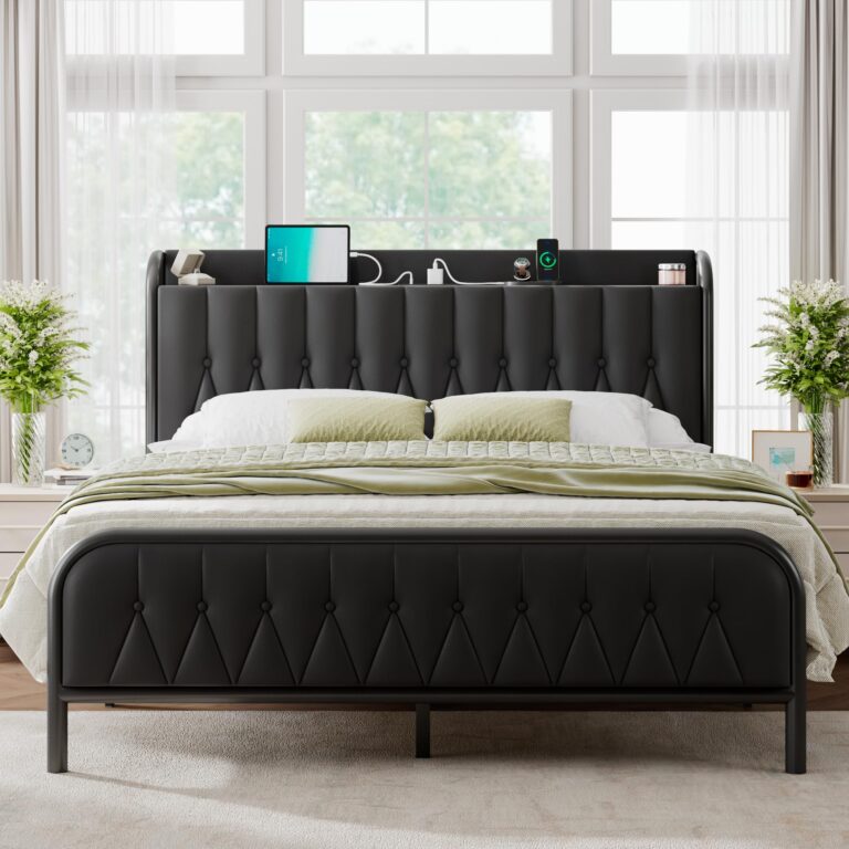 Feonase Leather Queen Bed Frame with Fast Charging Station,Queen Size Metal Platform Beds with Upholstered Headboard & Footboard,12" Underbed Storage Space,Easy Assembly,Noise-Free,Black