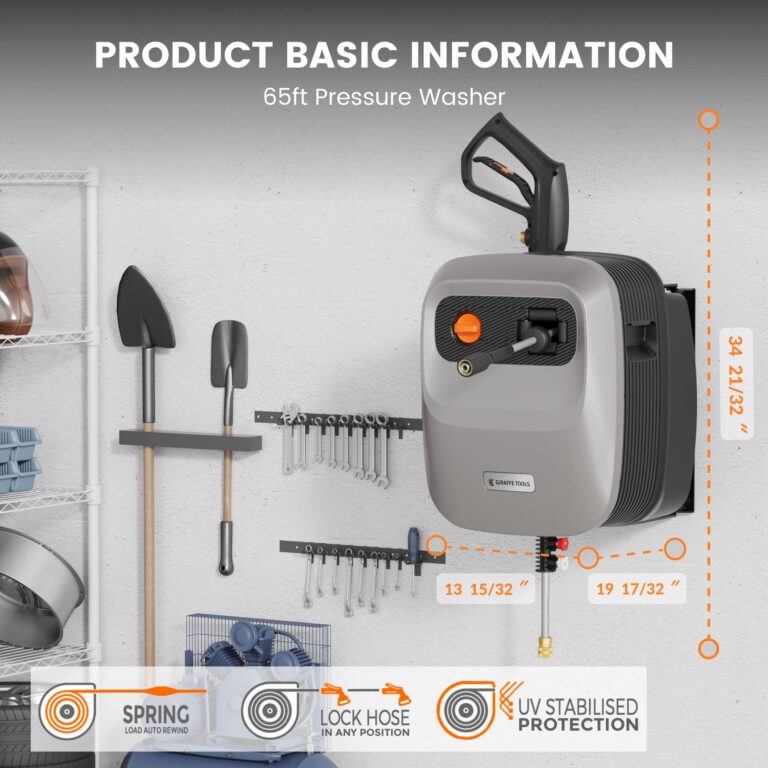 Giraffe Tools Grandfalls Pressure Washer G20 Pro, 2500 PSI 2.2 GPM, Wall Mounted Power Washer with 65FT Hose Reel, Ultra-Soft Pressure Hoses, 4 Nozzles for Floor/Cars/Fences/Patios, Light Silver - Image 5
