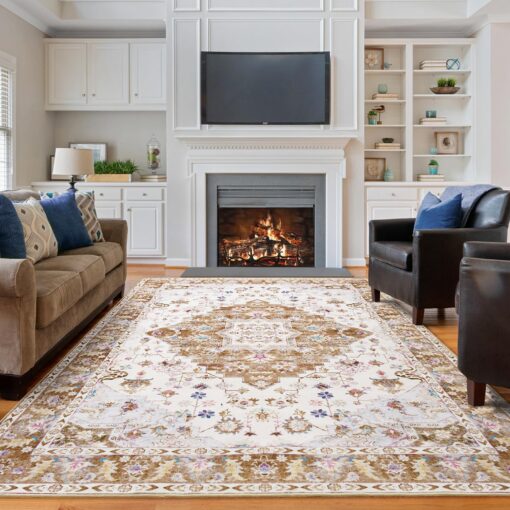 Amearea Vintage Design Area Rugs for Living Room, 8x10 Machine Washable Floral Collection Traditional Bedroom Rug, Low Pile Cute Kids Room Print Carpet, No Slip Office Kitchen Home Decor, Gold