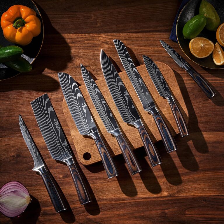 SENKEN 16-Piece Acacia Wood Knife Block Set with Laser Damascus Pattern - Includes Steak Knives, Kitchen Shears, Chef's Knife, Santoku, Cleaver & More - Image 8