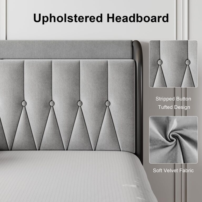 Feonase Velvet Queen Bed Frame with Fast Charging Station,Queen Size Metal Platform Beds with Upholstered Headboard & Footboard,12" Underbed Storage Space,Easy Assembly,Noise-Free,Grey - Image 4