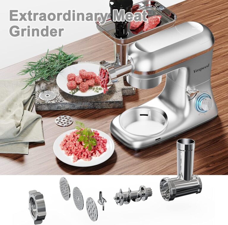 Vospeed 9 IN 1 Stand Mixer, 850W Tilt-Head Multifunctional Electric Mixer with 8 QT Stainless Steel Bowl, 1.5L Glass Jar, Meat Grinder, Hook, Whisk, Beater Dishwasher Safe (Silver) - Image 6