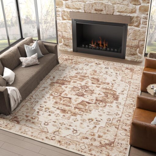 jinchan Area Rug 8x10 Washable Vintage Rug Indoor Floor Print Distressed Carpet Brown Multi Large Accent Soft Kitchen Living Room Bedroom Dining Room