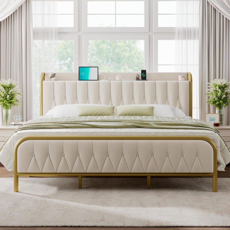 Feonase Velvet King Size Bed Frame with Fast Charging Station,Metal Platform King Beds with Upholstered Headboard & Footboard,12" Underbed Storage Space,Easy Assembly,Noise-Free,Beige
