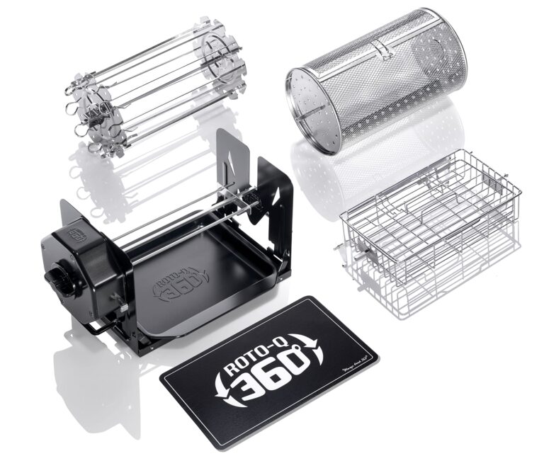 ROTO-Q 360 Family Bundle Rotisserie Kit - Non-Electric Wind-Up Spit Roaster with Rotisserie Basket, Flat Cage, Skewer Set, and Cooking Mat for Grills, Ovens, and Smokers - Indoor & Outdoor BBQ Use