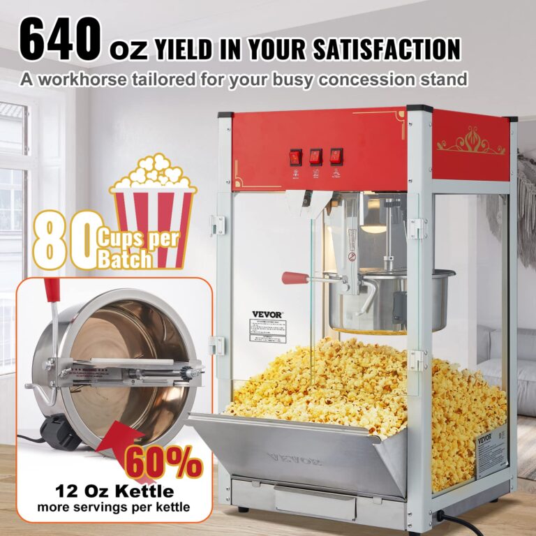 VEVOR Commercial Popcorn Machine, 12 Oz Kettle, 1440 W Countertop Popcorn Maker for 80 Cups per Batch, Theater Style Popper with 3-Switch Control Steel Frame Tempered Glass Doors 1 Scoop 2 Spoons, Red - Image 8