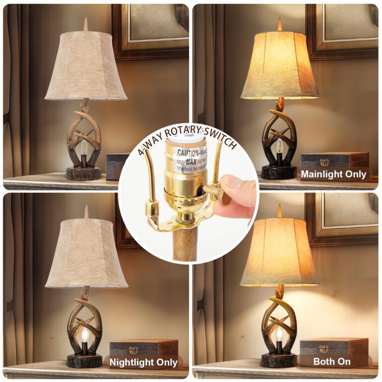Scenekoy Rustic Farmhouse Antlers Bedside Table Lamp Set of 2 with Nightlight Dual USB Ports Leather Soft Bell Shade Brown Finish nightstand Lamp Decor for Living Room Bedroom Office House Hotel - Image 6
