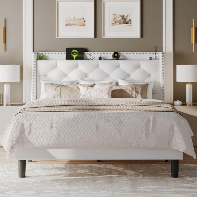 Feonase Full Size Bed Frame with Velvet Luxury Wingback Upholstered Button Tufted Storage Headboard, Full Platform Bed with Charging Station, Sturdy Wooden Slats Support, Easy Assembly, White - Image 2