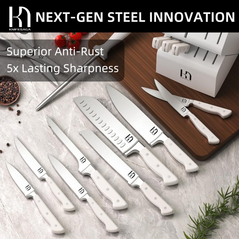 KnifeSaga Kitchen Knife Block Set, 15-Piece Enduring Ultra Sharp Knife Set, Japanese High Carbon Stainless Steel, Premium Forged Knives for Kitchen and Professional Chefs, White - Image 7