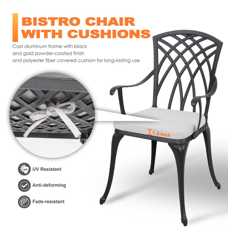 NUU GARDEN Bistro Set 3 Piece Outdoor Cast Aluminum Patio Bistro Set Patio Table and Chairs Set of 2 with Umbrella Hole and Gray Cushions, Black - Image 4