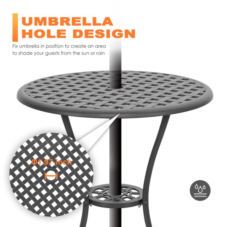 NUU GARDEN Bistro Set 3 Piece Outdoor Cast Aluminum Patio Bistro Set Patio Table and Chairs Set of 2 with Umbrella Hole and Gray Cushions, Black - Image 5
