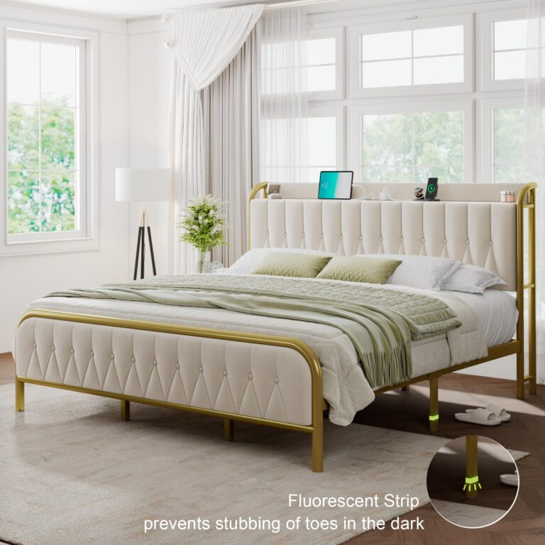 Feonase Velvet King Size Bed Frame with Fast Charging Station,Metal Platform King Beds with Upholstered Headboard & Footboard,12" Underbed Storage Space,Easy Assembly,Noise-Free,Beige - Image 6