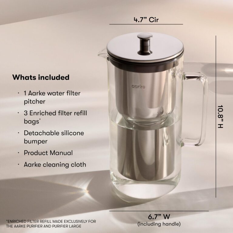aarke Purifier Regular - 1.18 L Glass Water Filter Pitcher Bundle, Refillable Stainless Steel Filter, BPA-Free, Includes (3-Pack) Refill Enriched Granules, Reduce Heavy Metals and Adds Minerals - Image 3