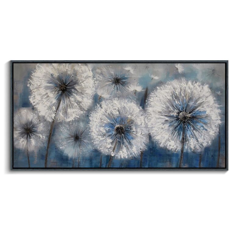 Pogusmavi Dandelion Wall Art Blue Wall Decor Painting Living Room Plant Pictures Framed Paintings for Wall Decorations Artwork for Walls Dining Room Decor 29x58 Black Framed - Image 2