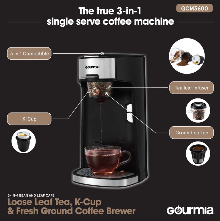 Gourmia GCM3600 3 in 1 Coffee & Tea Maker -K-Cup Pod, Loose Leaf Tea & Ground Coffee Compatible -Single Serve Machine -Automatic -Removable Filters & Adapters -16 oz Water Reservoir -1300W -Black - Image 9
