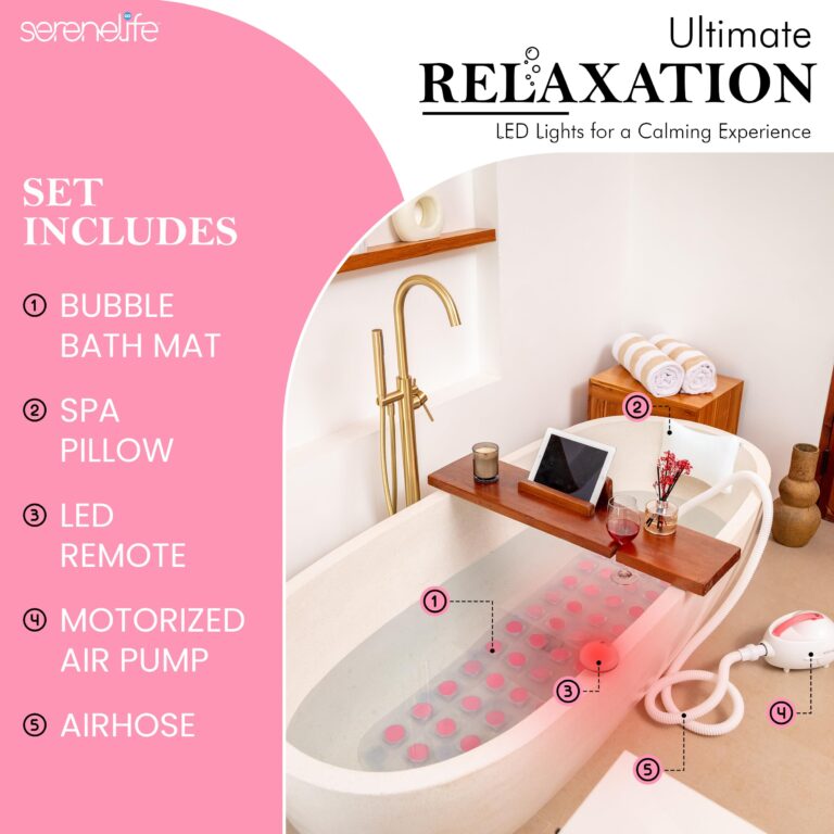 SereneLife Bubble Bath Mat – Portable Spa with Adjustable Intensity, Waterproof LED Light, Pillow & Remote Control for Ultimate Relaxation (Pink) - Image 6