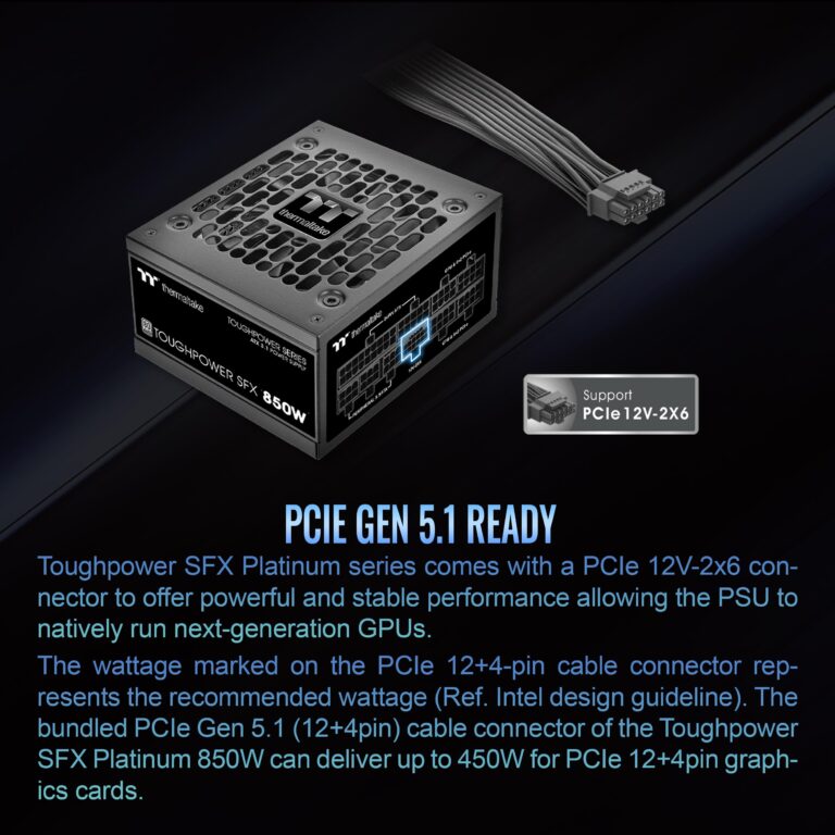 Thermaltake Toughpower SFX 850W 80Plus Platinum ATX 3.1 Standard Power Supply; 450W 12V-2x6 Connector Included; Full Modular; 90mm FDB Fan; PS-STP-0850FNFAPU-1; 7 Year Warranty - Image 4