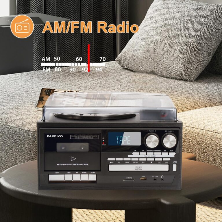 9-in-1 Vintage Turntable Record Player with Bluetooth, Built-in Speakers, AM/FM Radio, CD & Cassette Playback, USB/SD/MMC Support, Remote Control, Aux Input, RCA Output Black - Image 4