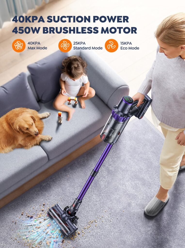 Cordless Vacuum Cleaner, 2 Batteries 110 Mins Runtime Vacuum Cleaners for Home, 40KPA 450W Stick Vacuum with Brushless Motor, Automatically Adjust Suction, Handheld Vacuum for Pet Hair/Carpet/Floor - Image 7
