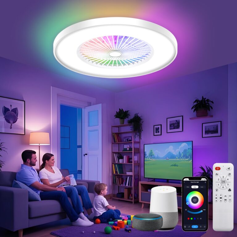 KAMLAM 24" Low Profile Ceiling Fans with Lights, Bladeless Ceiling Fan with RGB Light, Alexa/Google Assistant Remote/APP Control, Enclosed Flush Mount Ceiling Fan Dimmable Color Changing LED Ambient - Image 3
