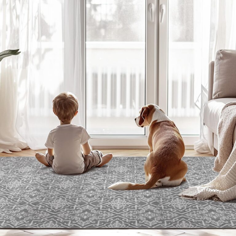 jinchan Boho Area Rug 8x10 Moroccan Washable Rug Indoor Floor Cover Accent Carpet Floral Tile Print Mat Soft Non Slip Carpet for Kitchen Living Room Bedroom Dining Room Farmhouse Decor Grey - Image 4