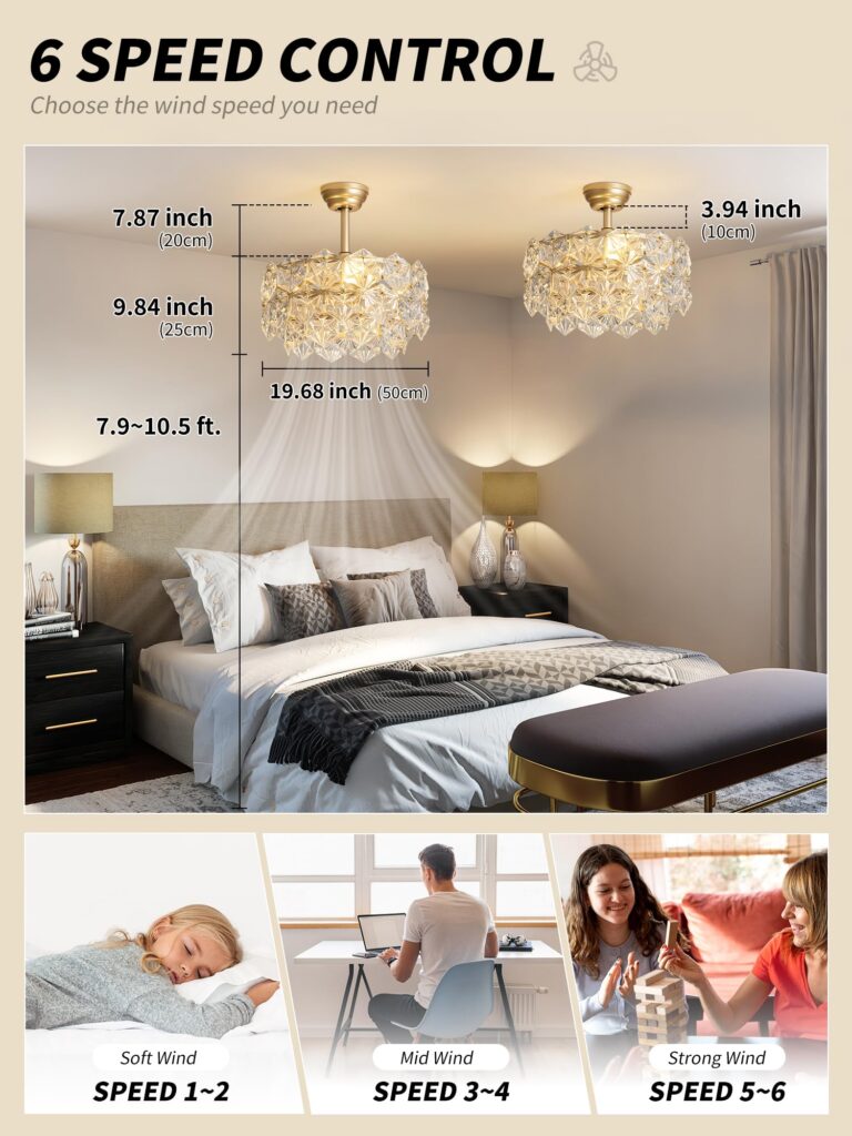 SYDACG 20" Gold Crystal Fandelier Ceiling Fan with Light, Mid-Century Chandelier Ceiling Fan with Light Remote Control, Modern Caged Enclosed 6 Speeds for Bedroom, Nursery, Foyer, Living Room - Image 5