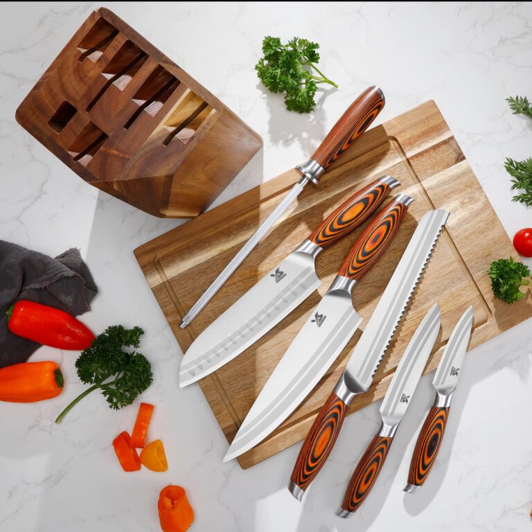 MSY BIGSUNNY 7pcs Knife Block Set, German Steel Chef Knife Set, Precious Pakkawood Handle for Kitchen Knife Block Set - Image 5