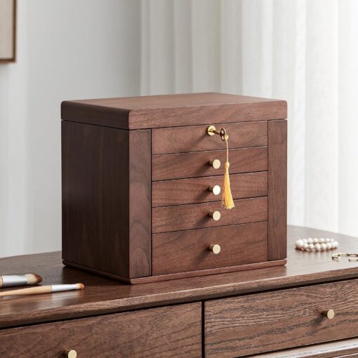Homruilink Black Walnut Wooden Jewelry Box, 5 Layer Solid Wood Jewelry Organizer with 2 Side Doors Mirror Lockable Classical Style for Watch Necklace Ring Earring Storage Gift Idea