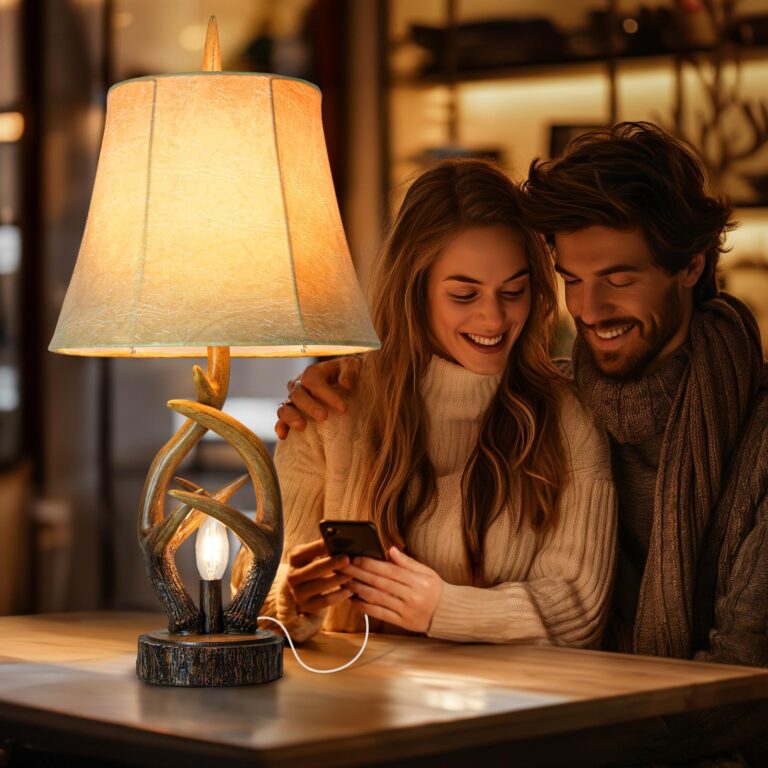 Scenekoy Rustic Farmhouse Antlers Bedside Table Lamp Set of 2 with Nightlight Dual USB Ports Leather Soft Bell Shade Brown Finish nightstand Lamp Decor for Living Room Bedroom Office House Hotel - Image 5